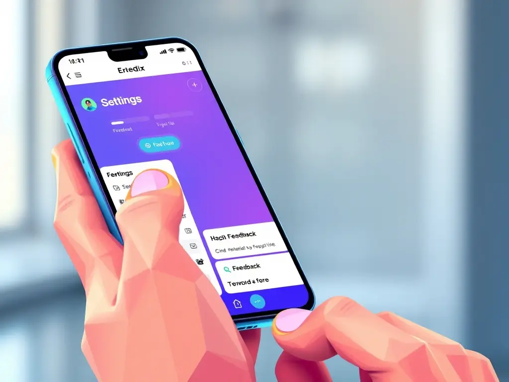 A person is using the Erledix app on their phone, navigating through the settings and providing feedback through a built-in feedback form. The interface is clean and user-friendly.