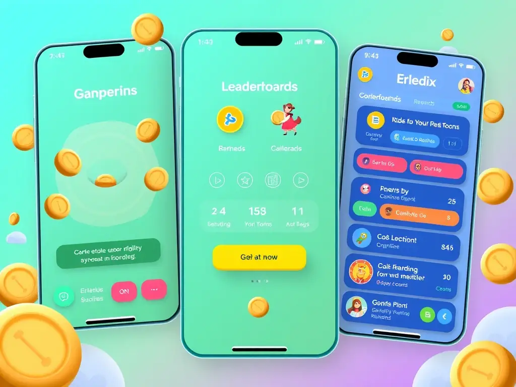 A screenshot of the Erledix app displaying the gamification elements, such as earned coins, leaderboards, and available rewards. The interface is colorful and engaging, designed to motivate users.