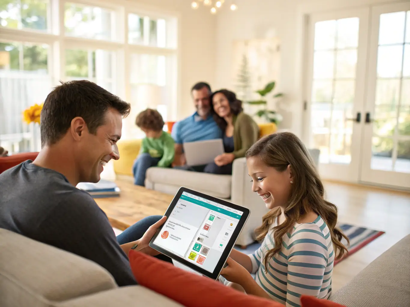 A family is happily using the Erledix app on a tablet in their living room, smiling and pointing at the screen. The app displays a colorful interface with task assignments and progress tracking.